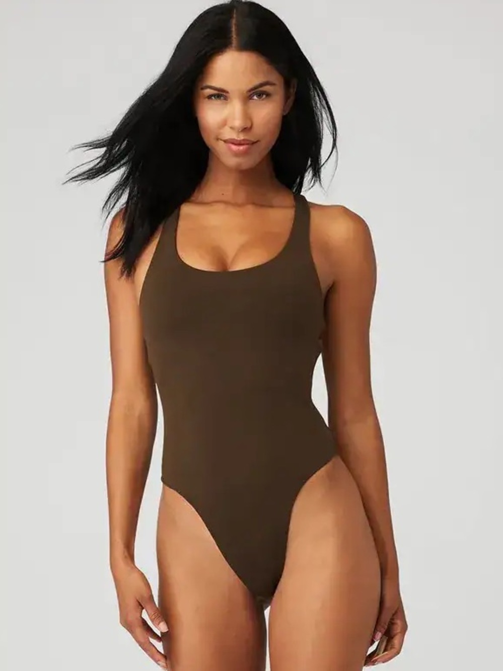 Alo Yoga Sleek Back Bodysuit Espresso Brown Racerback Thong Size S